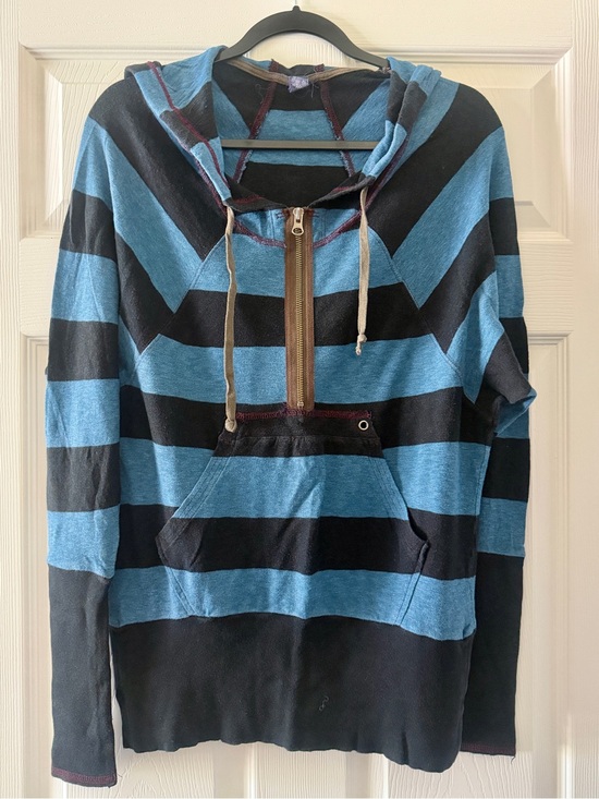 Free People Tops - Free People Blue & Black Rugby Striped Hooded Pullover with Zipper Detail